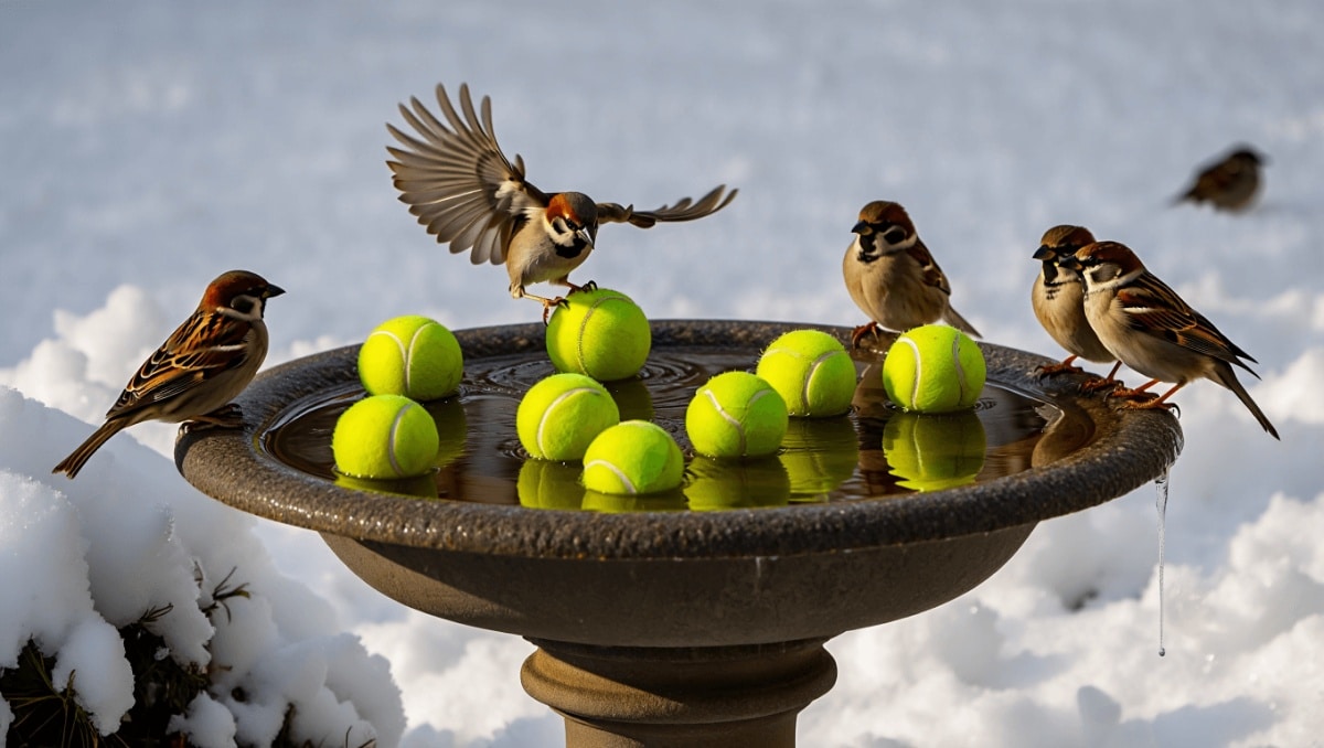 People Are Putting Tennis Balls In Their Birdbaths Before Winter & They're Smart To Do So