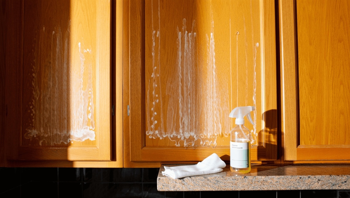 This Affordable DIY Mixture Effortlessly Melts Grease Off Wood Kitchen Cabinets
