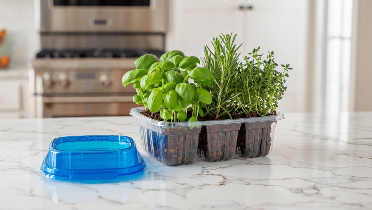 Transform An Old Plastic Fruit Container Into A Quaint Kitchen Herb Garden