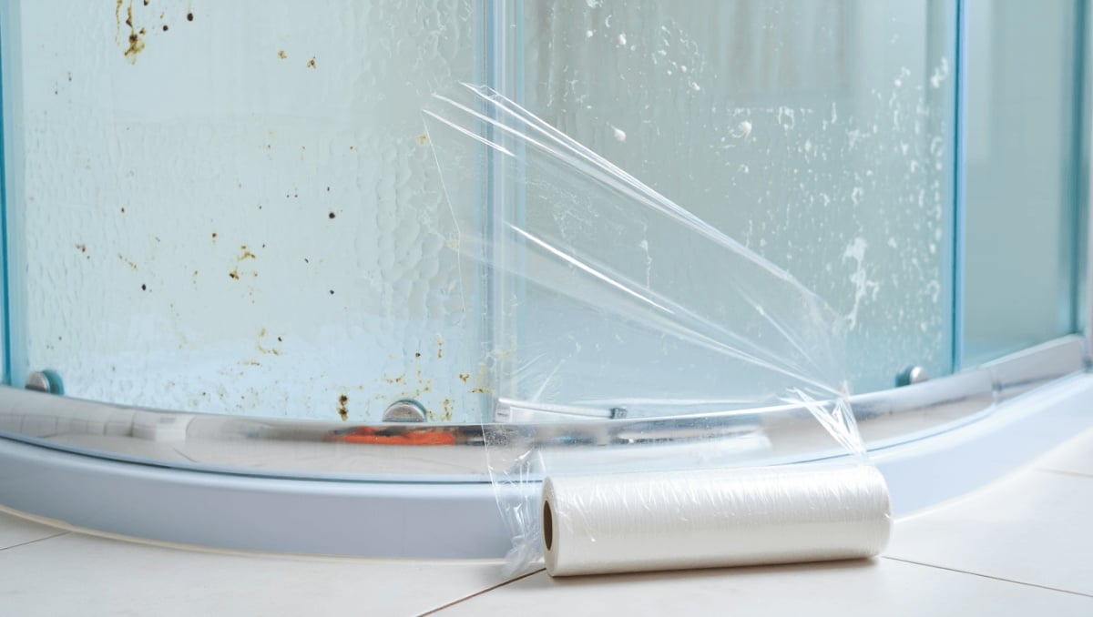 People Are Putting Plastic Wrap On Their Glass Shower Doors, & They're Smart To Do So