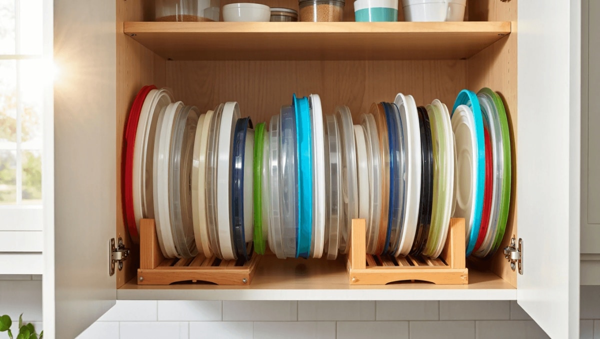 Organize Messy Container Lids In Cabinets With A Creative Storage Hack