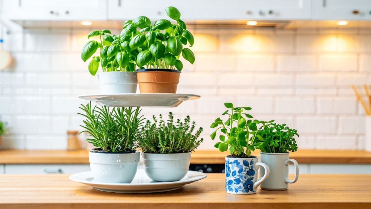 Turn Secondhand Plates And Coffee Mugs Into An Adorable Kitchen Herb Garden
