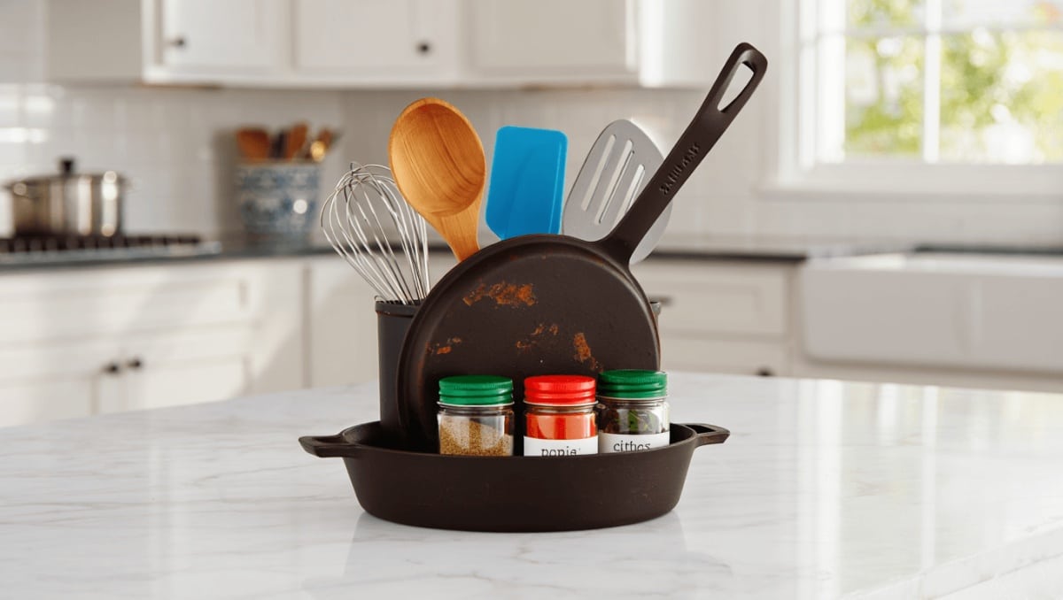 Give An Old Frying Pan New Life As A Chic Countertop Storage Solution