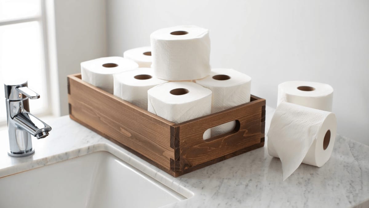 The Simple Scrap Wood DIY That Keeps Extra Toilet Paper Perfectly Organized