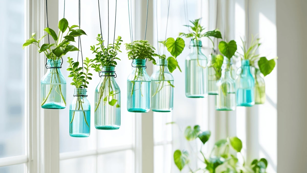 Woman Uses Dollar Tree Glass Bottles To Create A High-End Hanging Plant Display