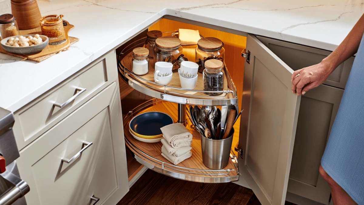 How Martha Stewart Maximizes Storage Space In Awkward Corner Cabinets