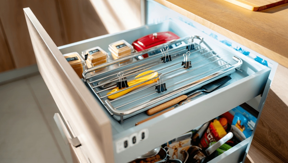 Woman Uses A Cooling Rack & Binder Clips To Finally Say Goodbye To Drawer Clutter