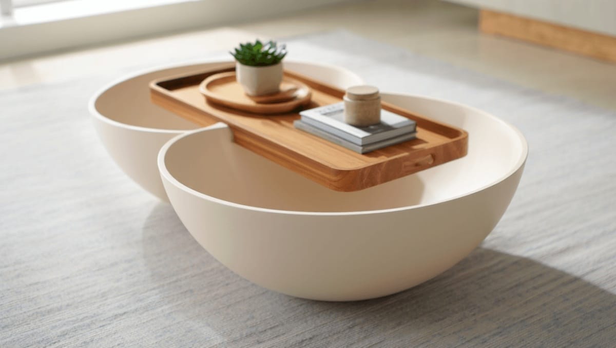 Woman Turns IKEA Bowls & Armrest Trays Into A Chic Coffee Table On A Budget