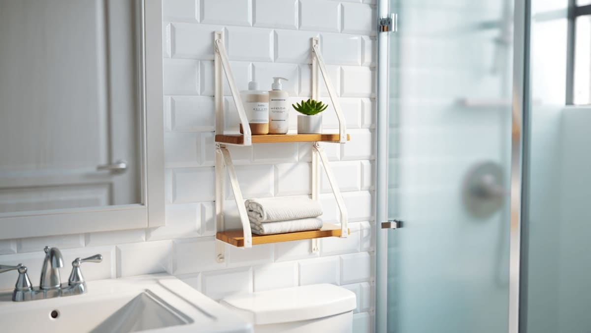 Move Over, Cabinets: A Creative Way To Add Bathroom Storage With Thrifted Curtain Brackets
