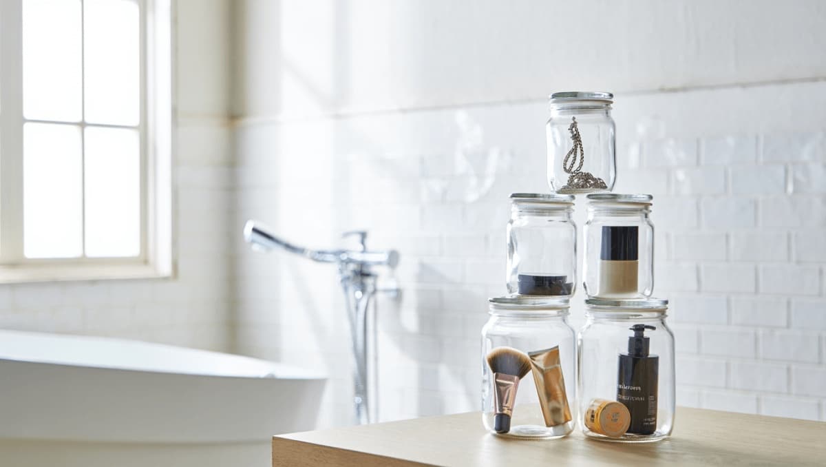 Upcycle Old Glass Jars Into Clever Bathroom Countertop Storage With An Easy DIY