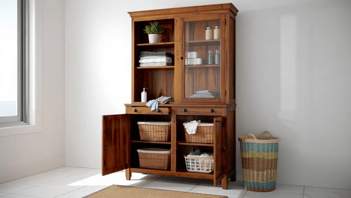 Transform An Old Hutch Into Charming Laundry Room Storage
