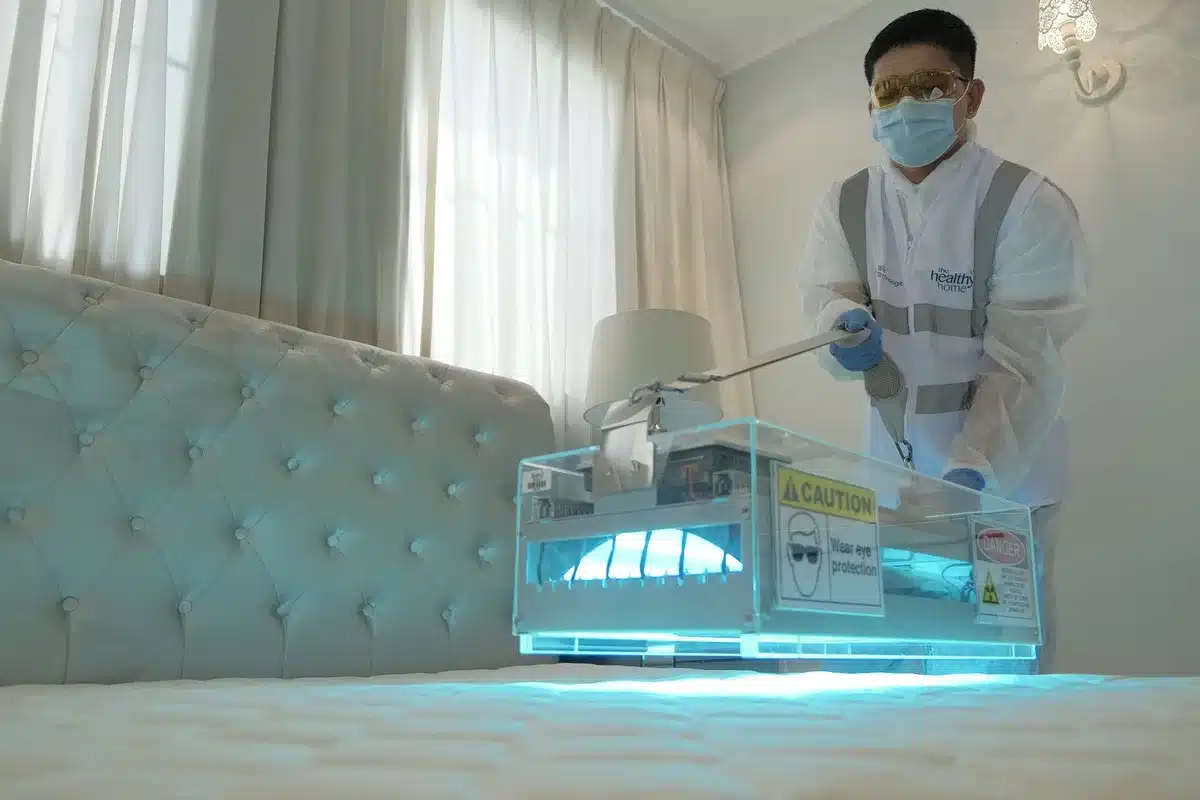 Person wearing long sleeves, gloves, and protective gear preparing to safely remove a spider web