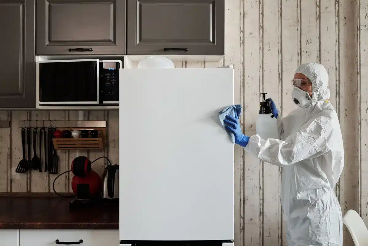 Kitchen counter with ants near baseboard and spray bottle for pest control