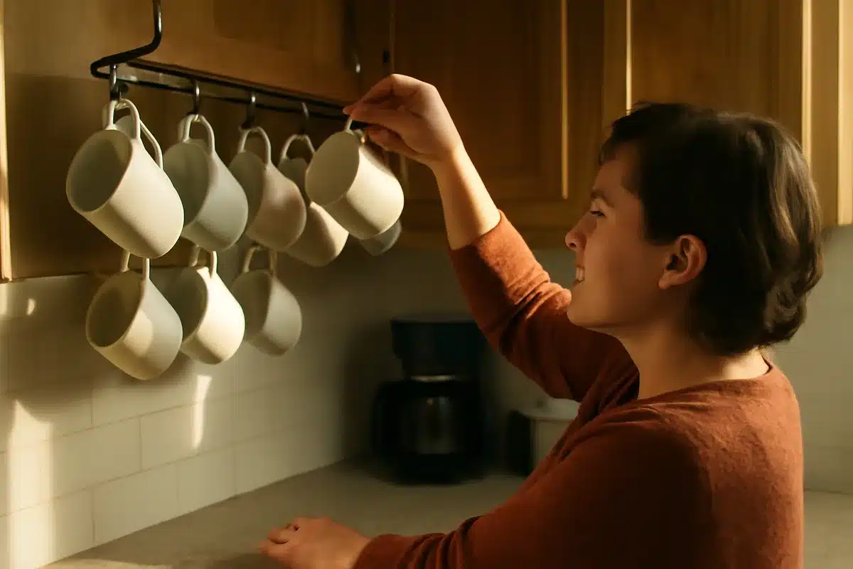 How hanging mugs frees up cabinet space and adds style — Moving mugs out of packed cupboards does more than create room. It turns your collection into decor. Hanging mugs uses vertical space and makes mugs easier to grab. Frees cabinet