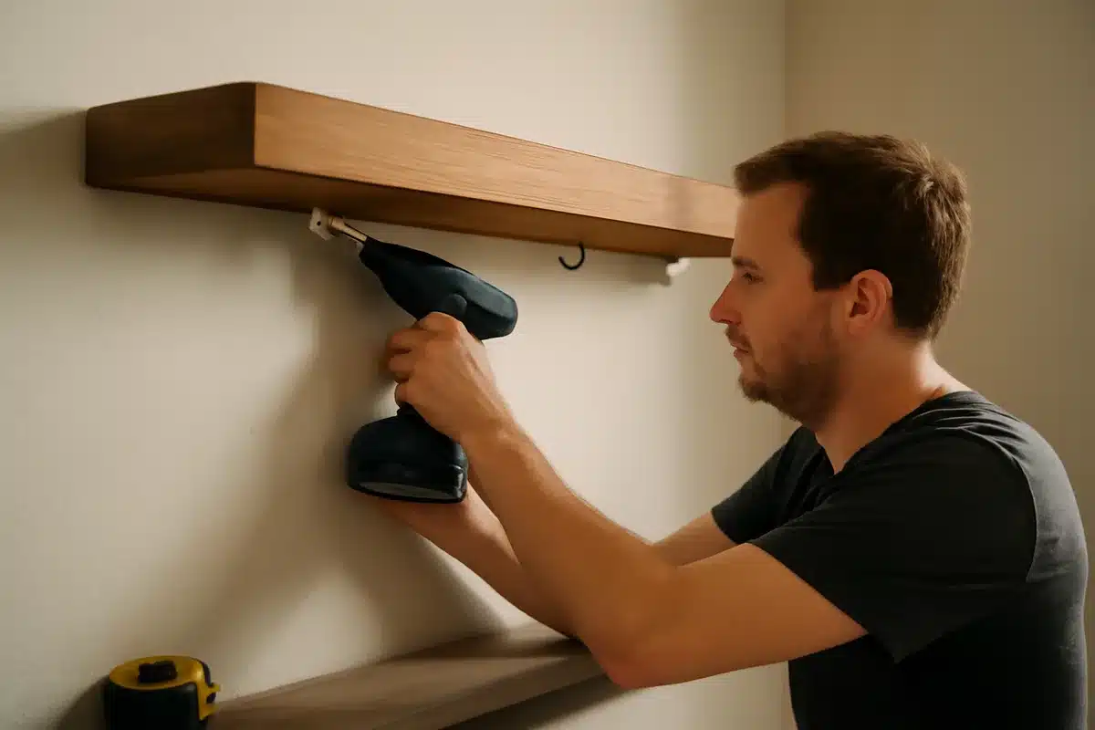 What you’ll need — Solid floating shelf (solid wood preferred) Small screw-in mug hooks or slide-on hangers Cordless drill and drill bits for pilot holes Measuring tape and pencil Wall anchors or studs for mounting Tip: If you rent, pick non-destructive