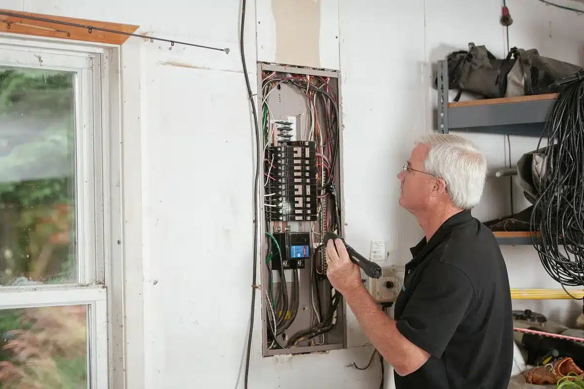 Professional electrician examining an electrical panel with tools