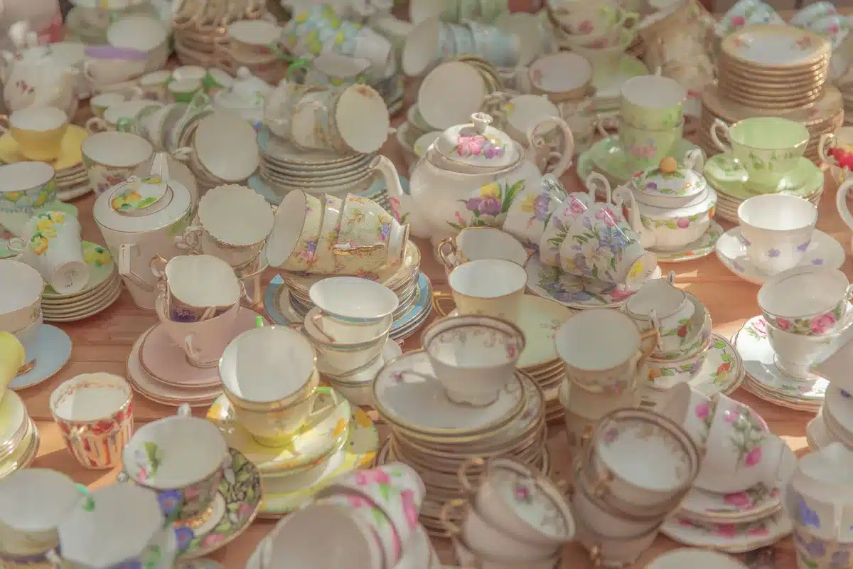 Close-up of the underside of a bone china teacup showing maker's mark and registration number