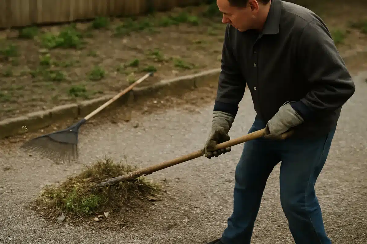 Cleaning up after scuffling: simple options — Once weeds are cut, gather the remains and any loose grit. A leaf rake does a fine job for light gravel. If stones are heavy, switch to a garden rake with sturdier tines. Collected