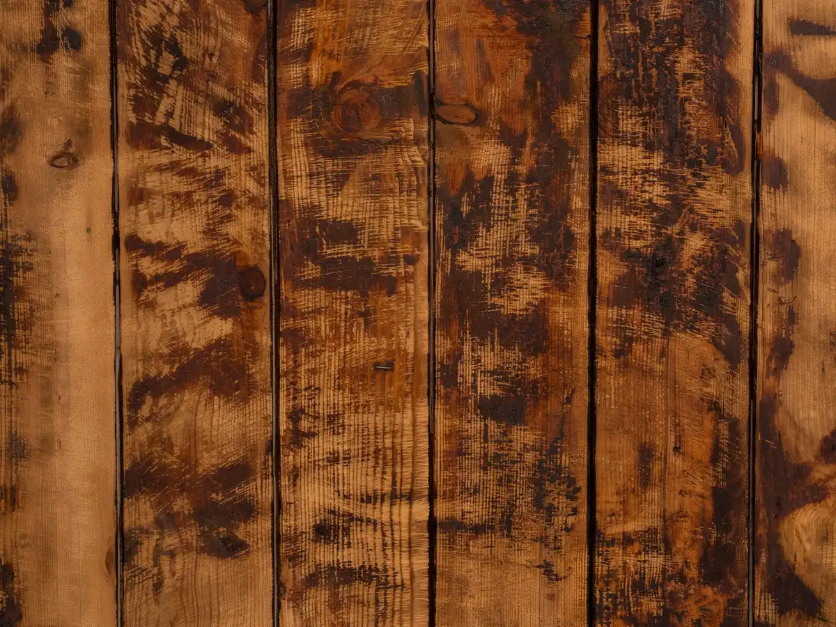 Wood stain and paint cans with brush and sandpaper next to a wooden board