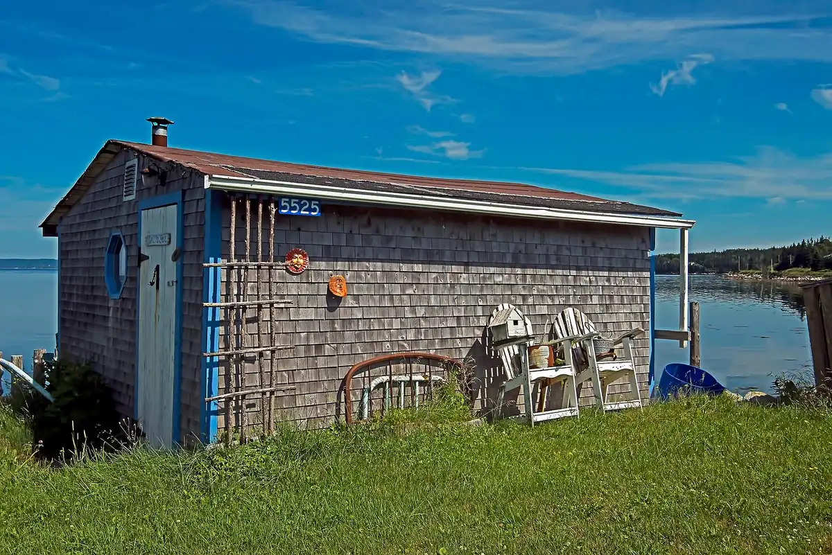 Weather-resistant resin storage shed with shelving in a residential backyard