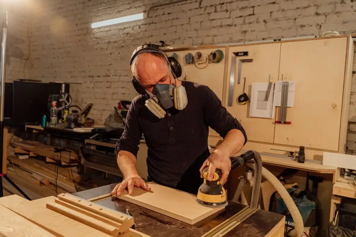 Electronic sander, sandpaper grits, gloves, respirator mask, and wood bleach kit arranged on a work surface