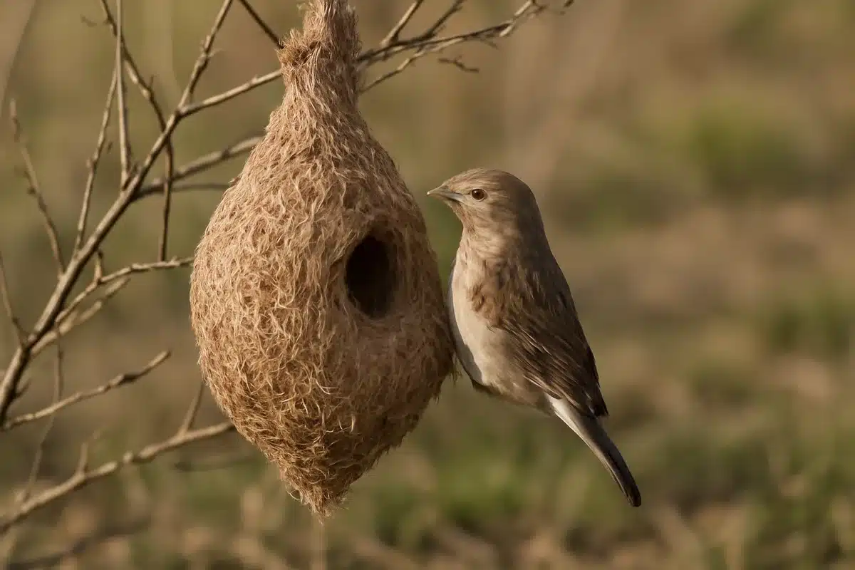 Identifying the birds that build these nests — Adults are compact, around six inches long. They have a stout, cone-shaped bill and a chunky head. Plumage tends to be brown and gray on the back with a lighter belly. Males and