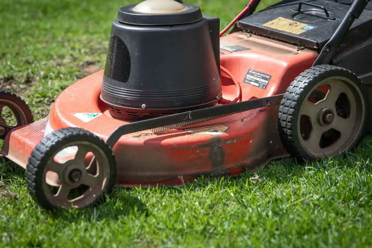 Close-up of reel mower blade cylinder showing rotating blades and cutting bar