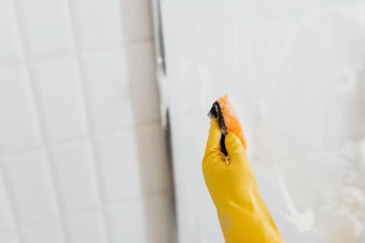 Sparkling clean bathroom shower glass and glazed tile after cleaning