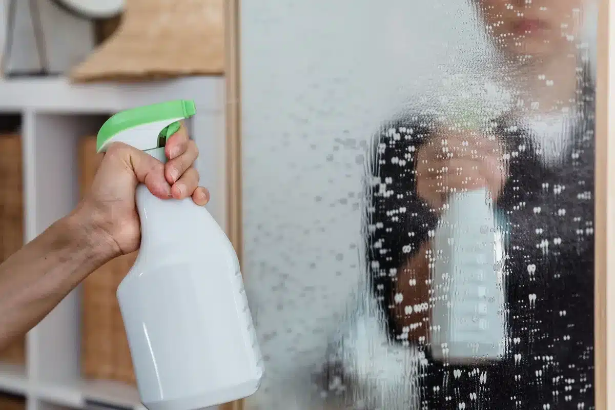 Cleaning cloth removing mold from bathroom tile with spray bottle