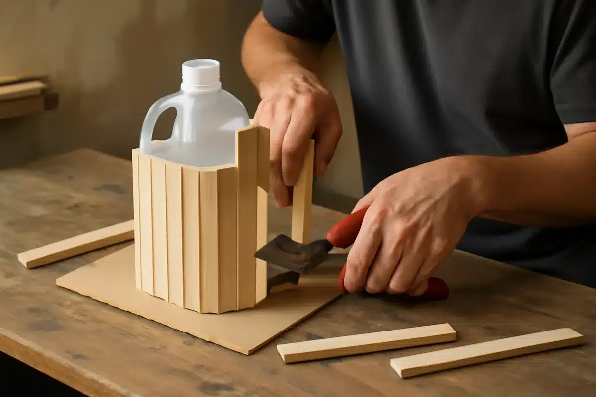 Attach the slats — Measure and trim each wooden stick to fit vertically over the cardboard and around the jug edges. Use pliers or miter shears to get clean cuts on thicker sticks. Glue the sticks side-by-side on the cardboard so