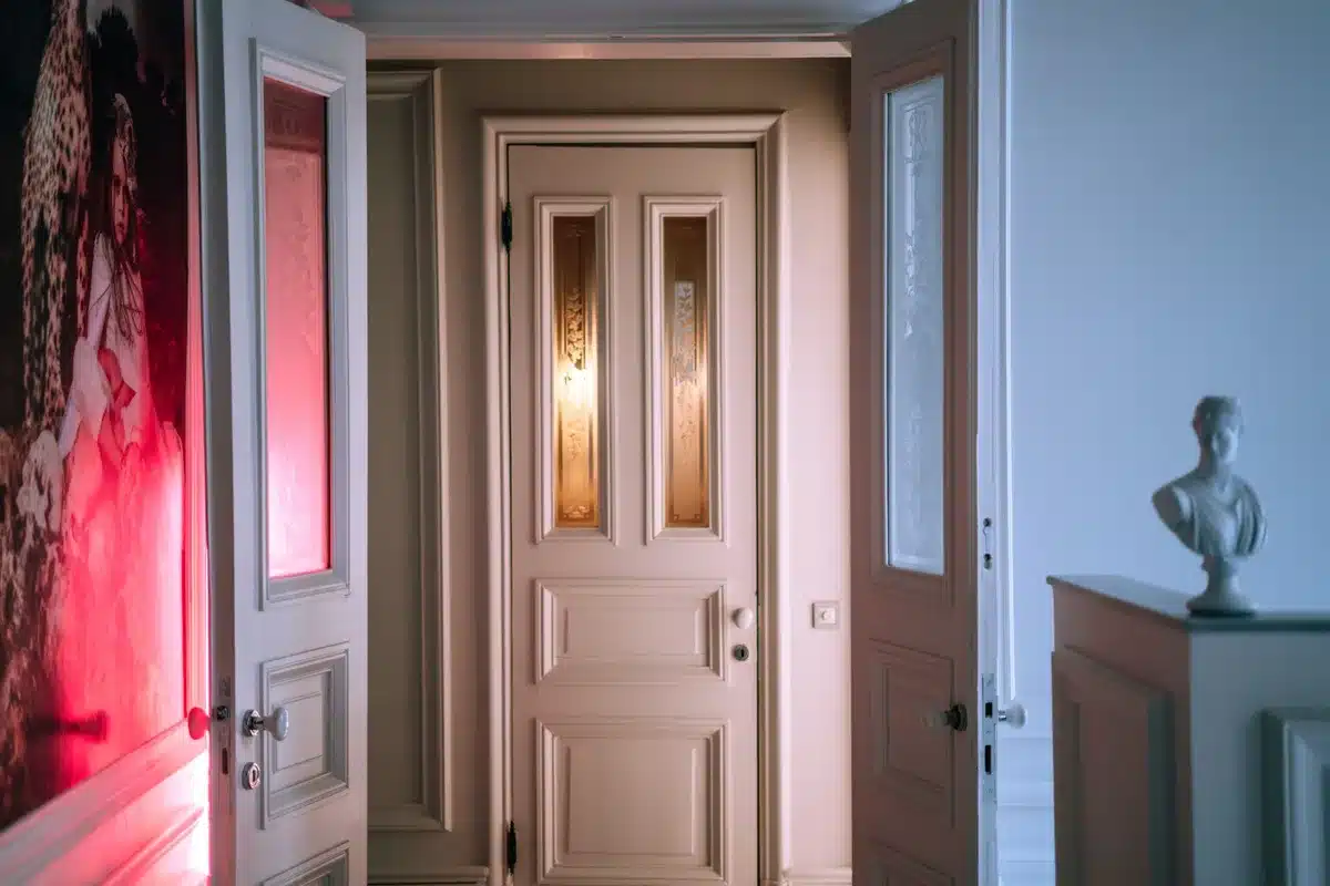 Doorway with transom window opening above showing architectural framing detail