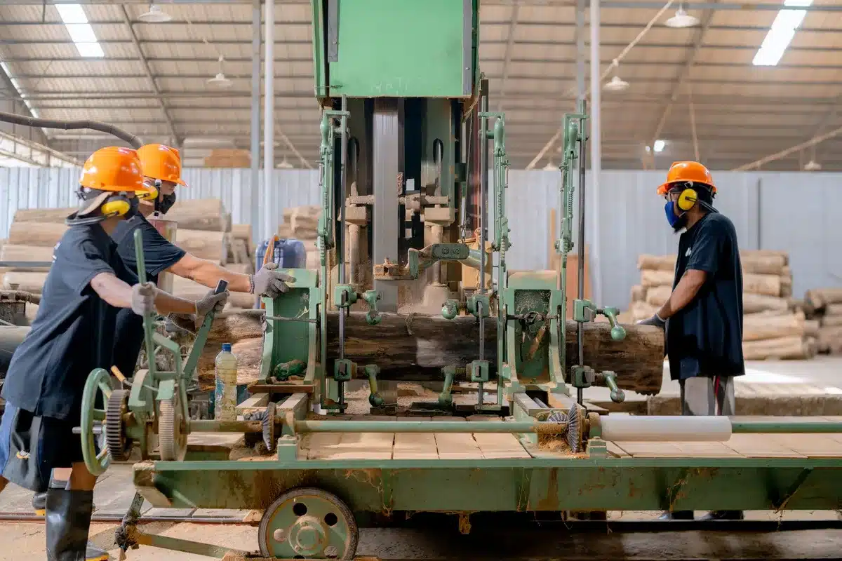 Logs being cut and processed into boards through the milling stages