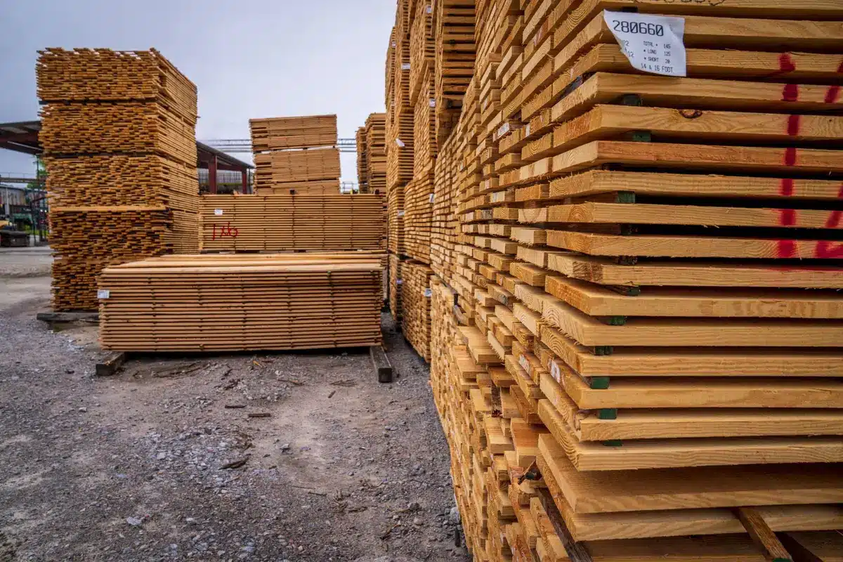 Variety of wood materials including dimensional lumber, plywood sheets, and boards displayed together