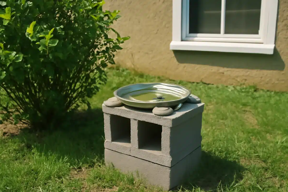 Cheap DIY birdbath: make one from old blocks and a lid