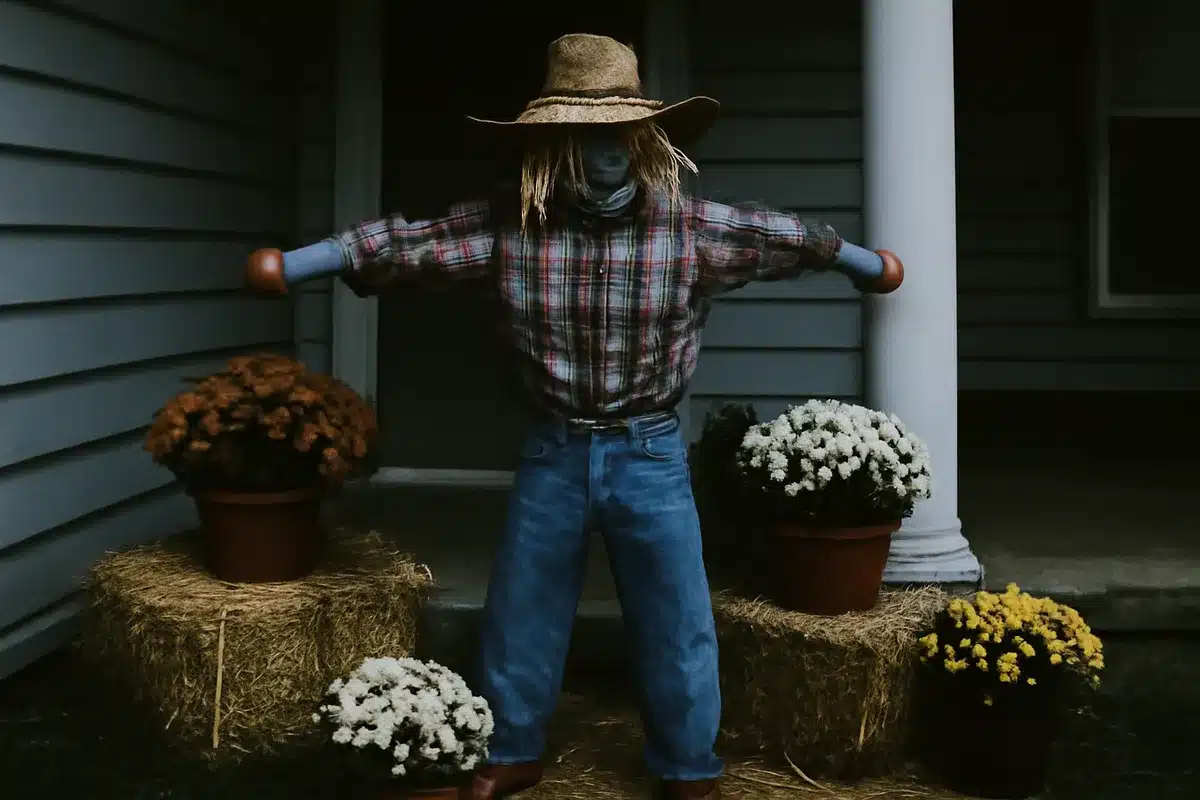 Dollar Tree fall scarecrow: adorable porch decoration made from pool noodles and plungers