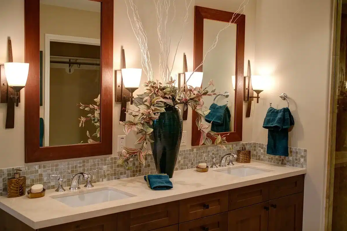 Vertical shower storage basket mounted on bathroom wall
