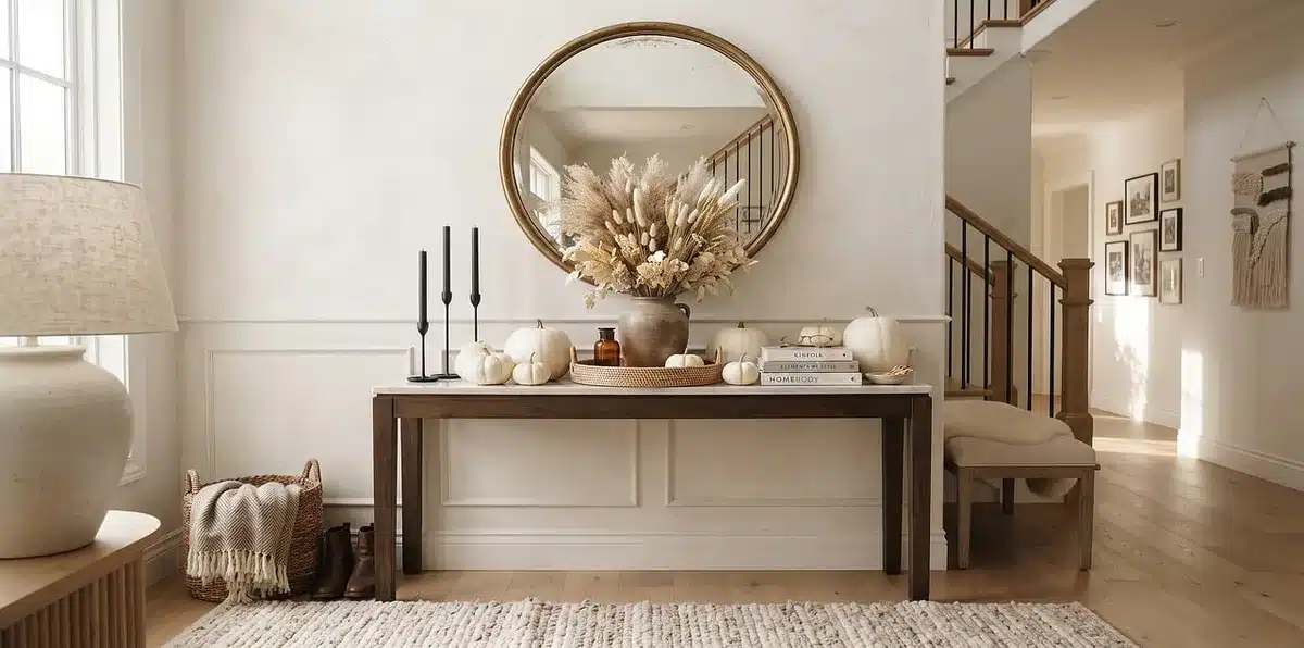 Finished console table with matte neutral paint and decorative trim details
