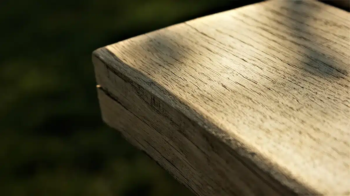 Rustic wooden pallet bench on a sunny patio surrounded by plants and garden decor