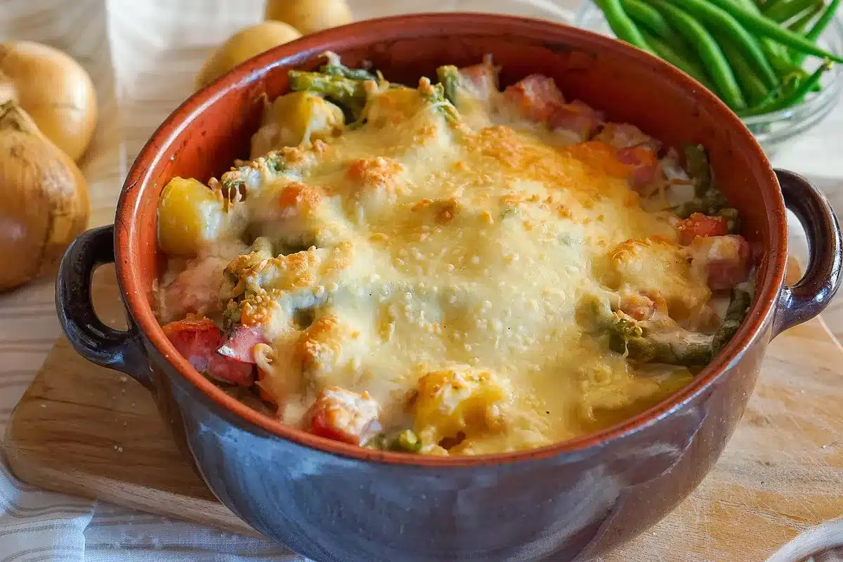 Cream Corning-style casserole on a bright kitchen counter