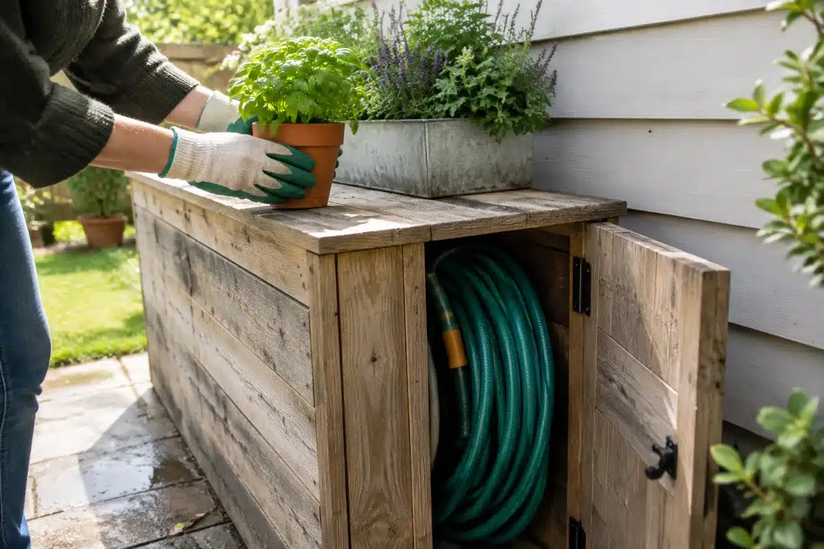 DIY garden hose hideaway: turn old wood pallets into impressive backyard storage