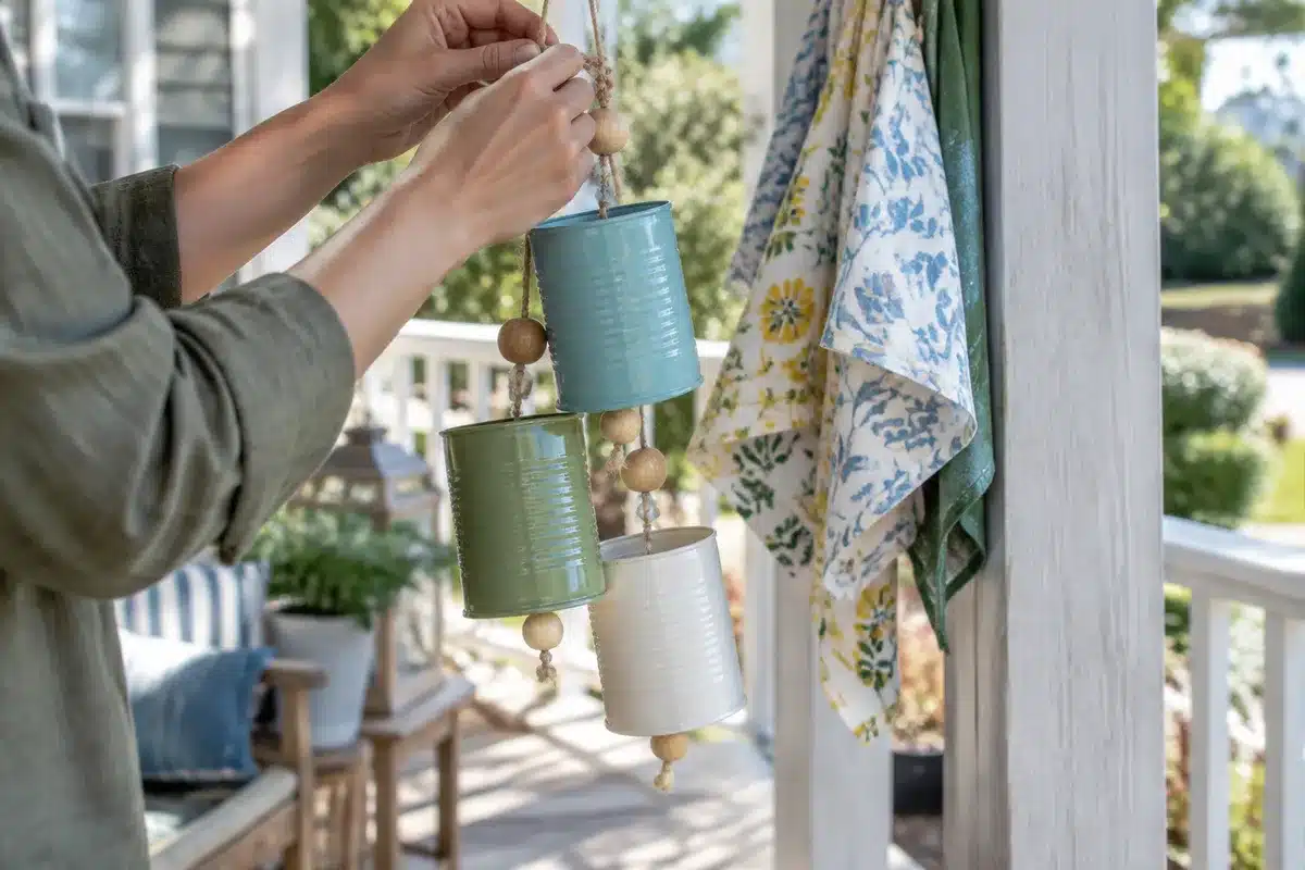 Empty tuna cans: turn them into a rustic wind chime