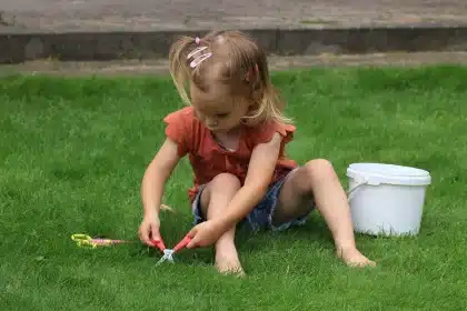 Homeowner using a spreader on a green lawn with a soil test kit on a table
