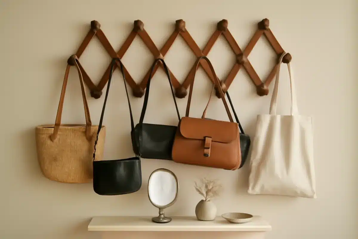 Handbags organized instantly: thrift-store gem adds rustic charm