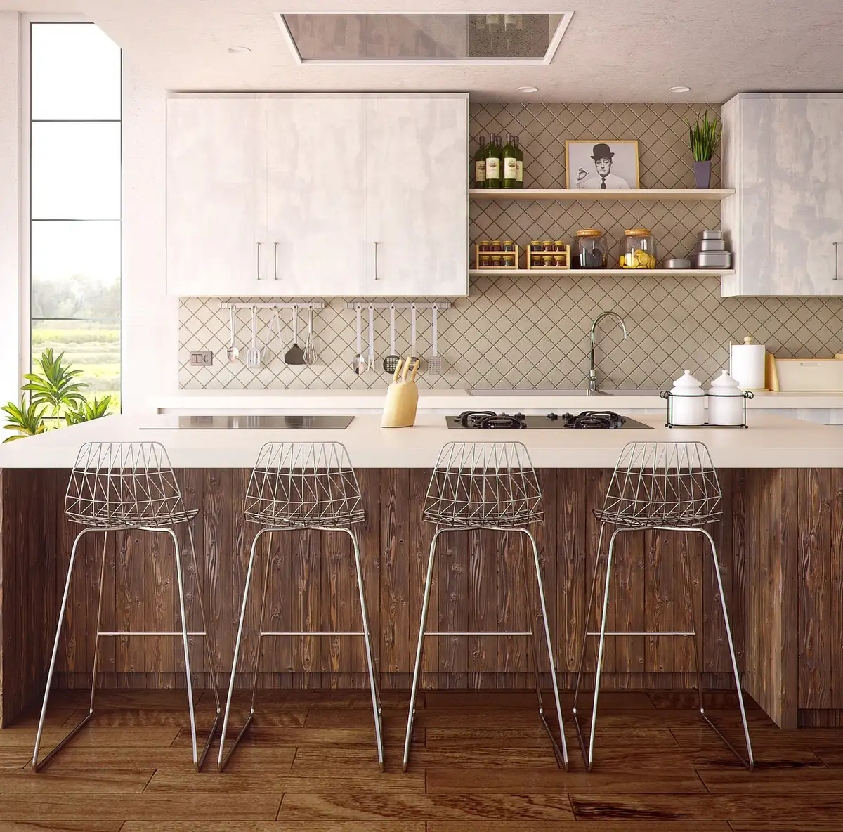 Kitchen backsplash showing a continuous quartzite slab with strong horizontal veining