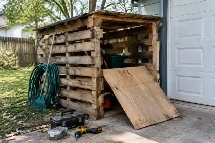Lawn mower storage from old pallets: brilliant DIY hack