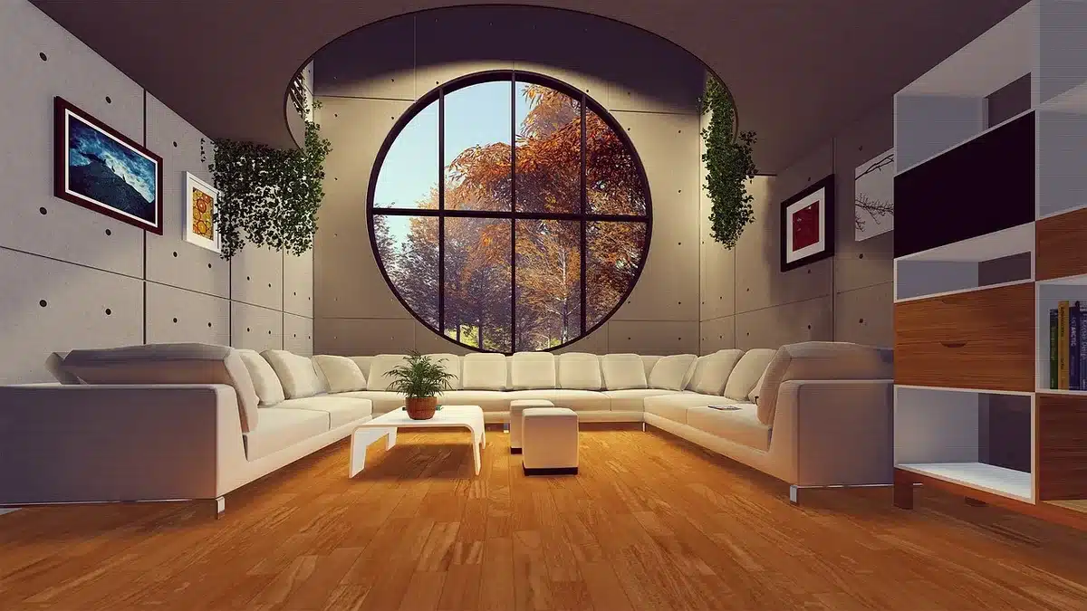 Round rug and coffee table anchoring a living room seating area
