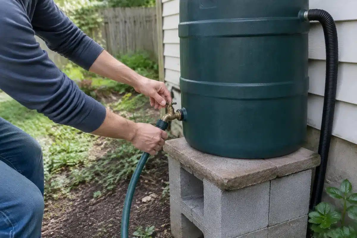 Rain barrel raised on concrete blocks: DIY trick to boost garden water pressure
