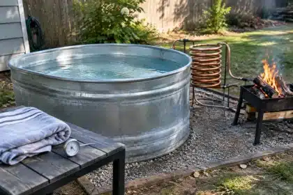 Stock tank hot tub: smart DIYers build an off-grid soaking tub