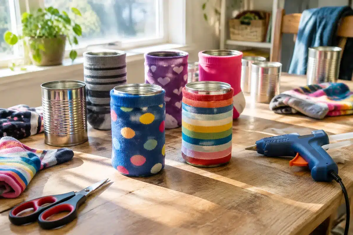 Tin cans: upcycle worn socks into funky decor